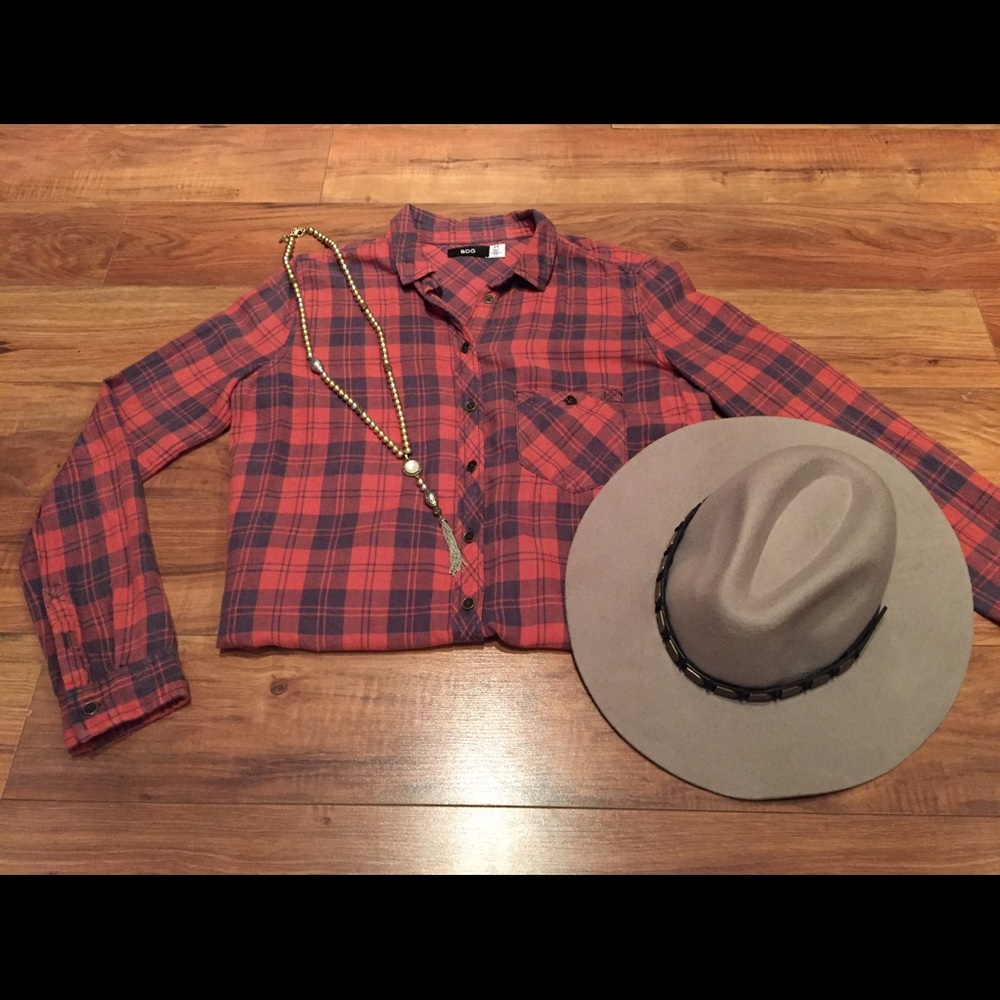 Burnt orange and grey button down flannel.