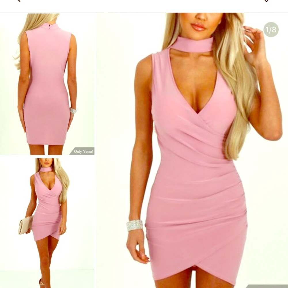 Rose pink wrap choker irregular hem mini dress