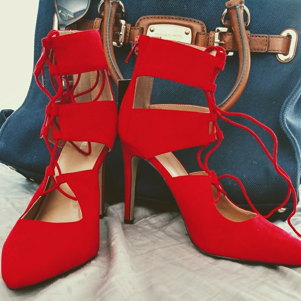 Express Cherry Red Closed Toe Lace Up Heels size 8