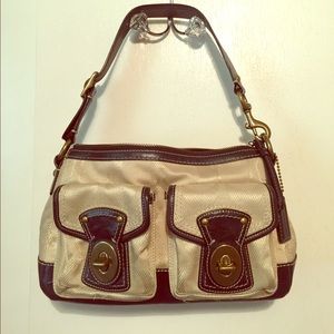 COACH shoulder bag. Cream fabric and black leather