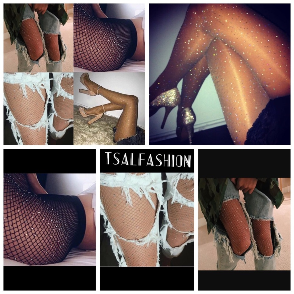 Rhinestone embellished fishnet tights