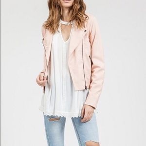 Blush leather moto jacket. Offers welcome
