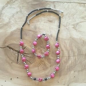 Hot Pink Skull Necklace  And Bracelet