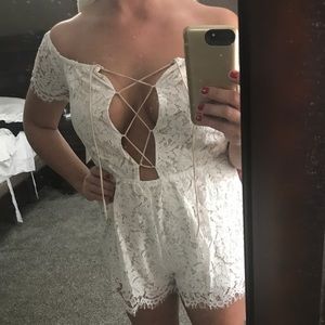 Ivory off the shoulder lace romper