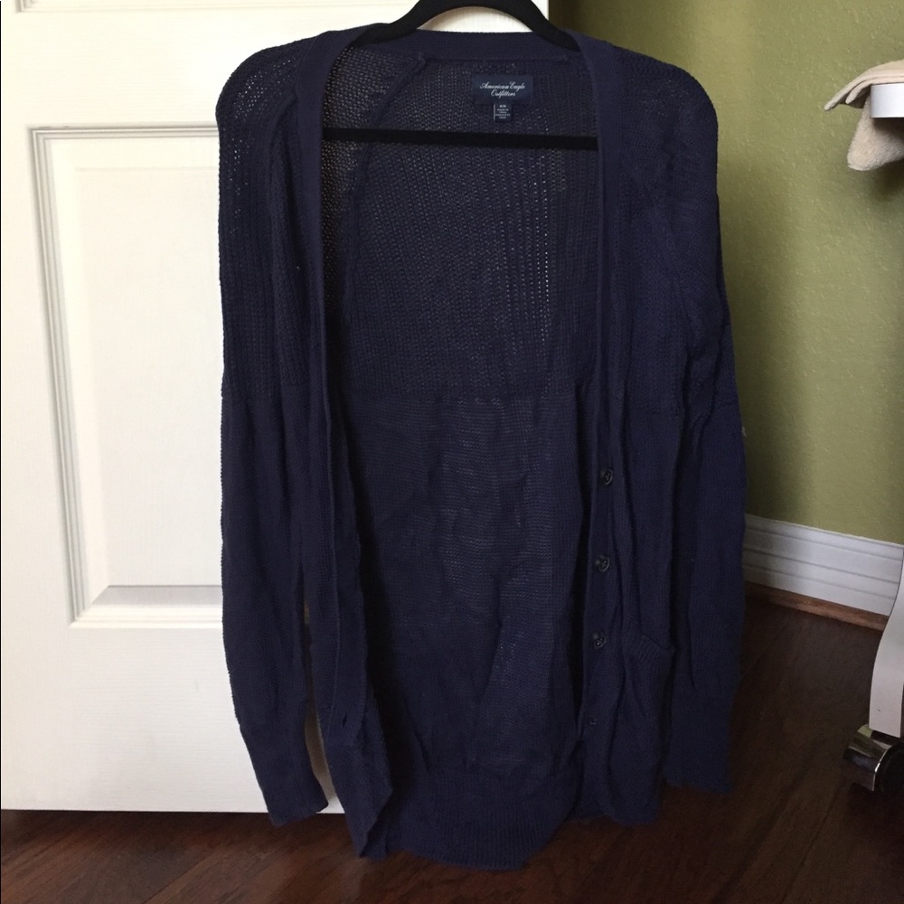 Navy American Eagle long button down sweater