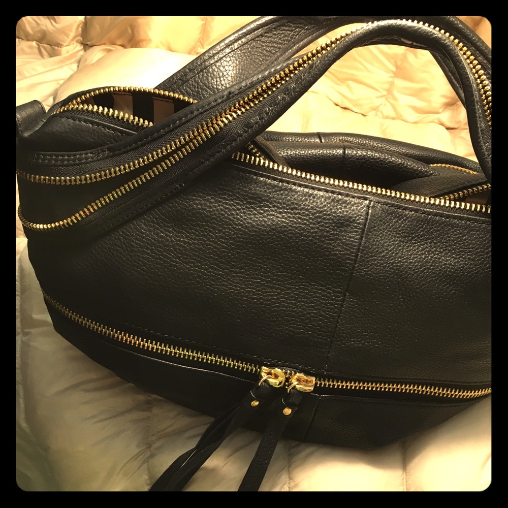 Kelsi Dagger Black Leather Gold Zipper Bag
