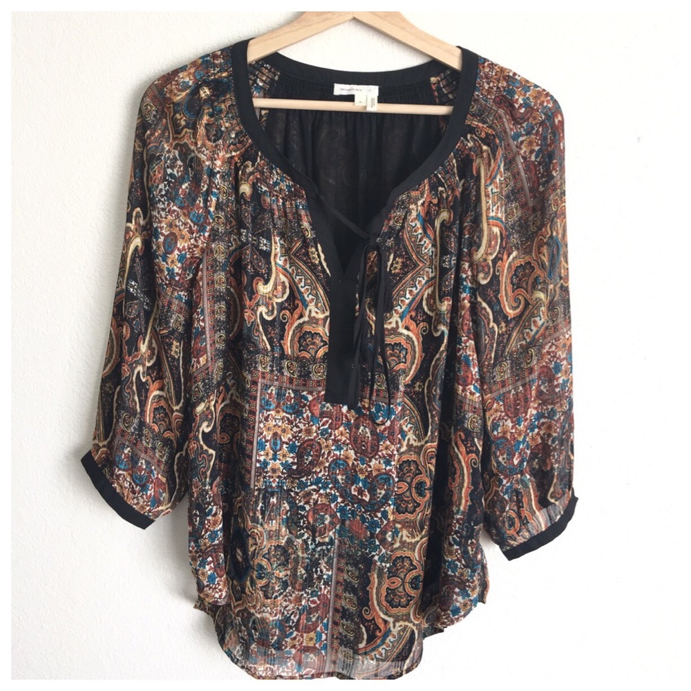 Meadow Rue Orange Multicolor Floral Peasant Top