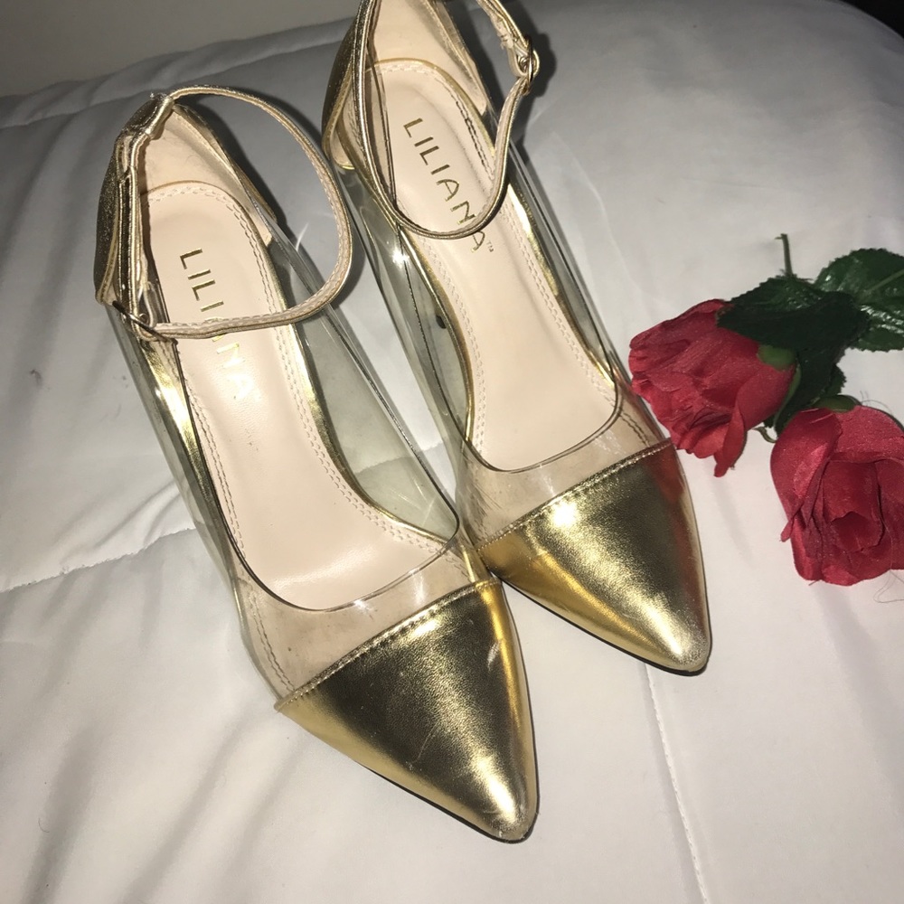 Liliana gold and clear strap heel