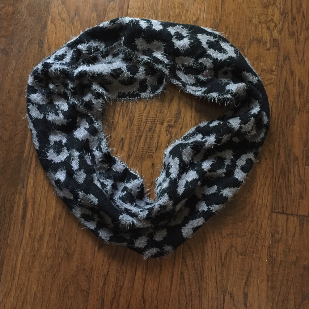Grey and black leopard print fuzzy infinity scarf