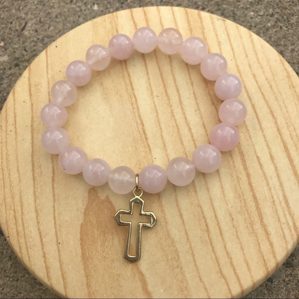 Handmade Rose Quartz Cross Bracelet