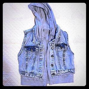 Distressed wash jean vest hoodie