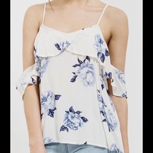 Blue floral cold shoulder shirt