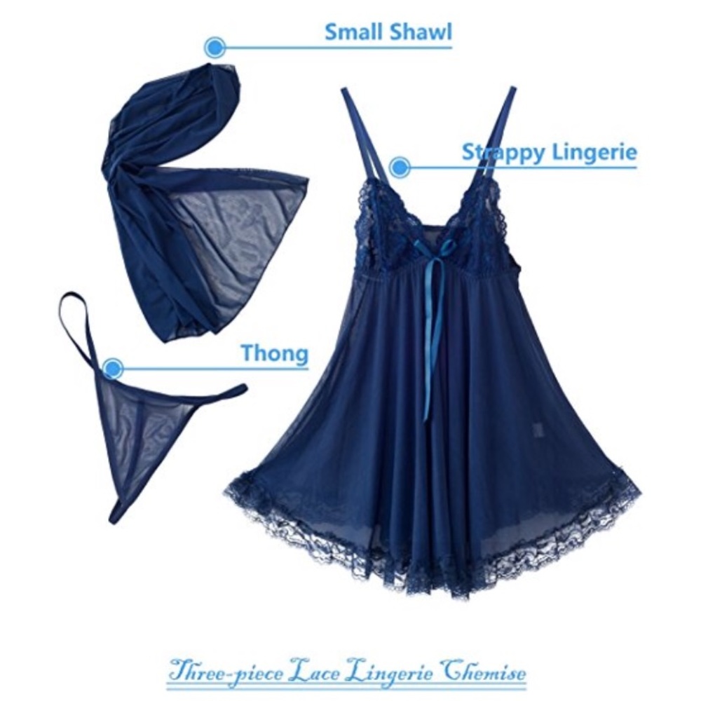 3pc Navy Blue lace silk lingerie set size XL 16/18 - Picture 2 of 5