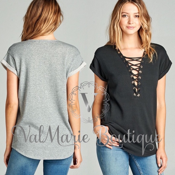 Black Lace Up French Terry Top - Picture 2 of 2