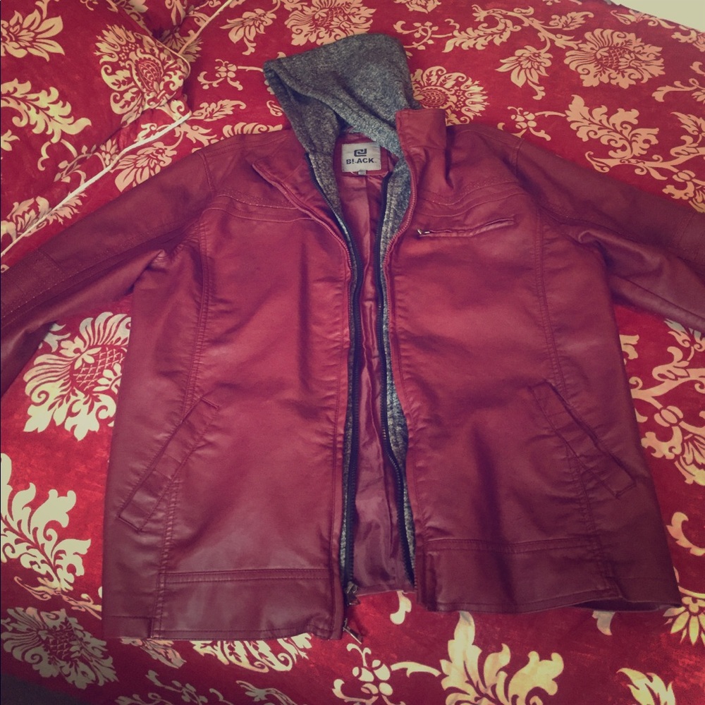 Maroon leather jacket with grey fleece inside trim