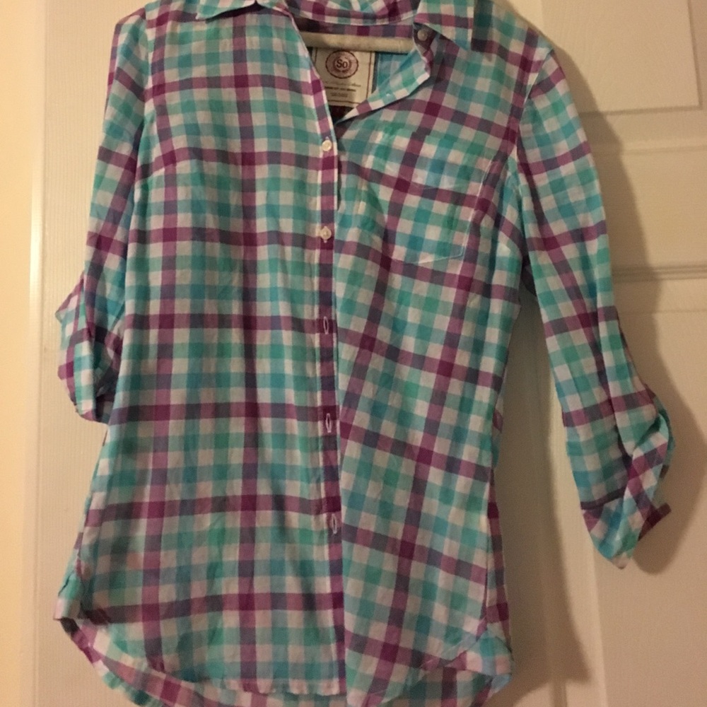 Blue purple plaid 3/4 shirt