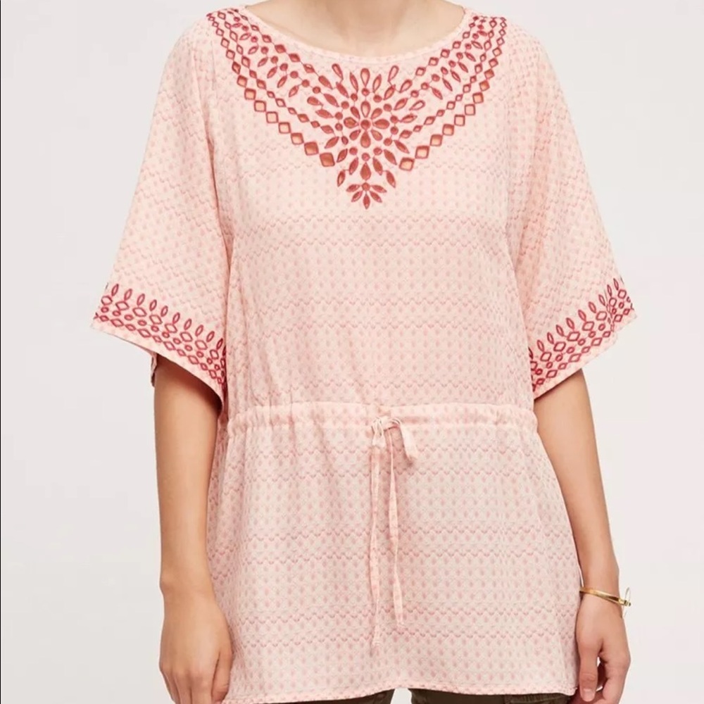 NWT One September Euphemia Pink Embroidered Peasant Top Anthropolgie Large L