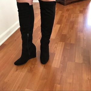 Faux Suede Stretch Panel Wedge Boots