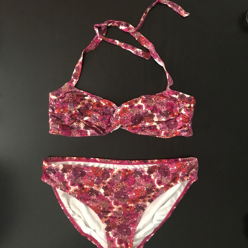 Floral pink and purple 60s inspired bikini