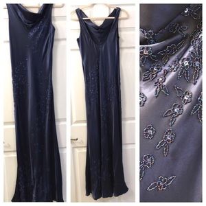 Long navy satin dress with sequins