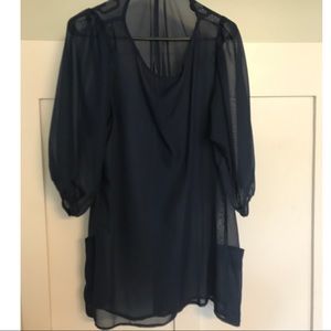 Lily White Sheer Navy Tunic w/ puffy sleeve
