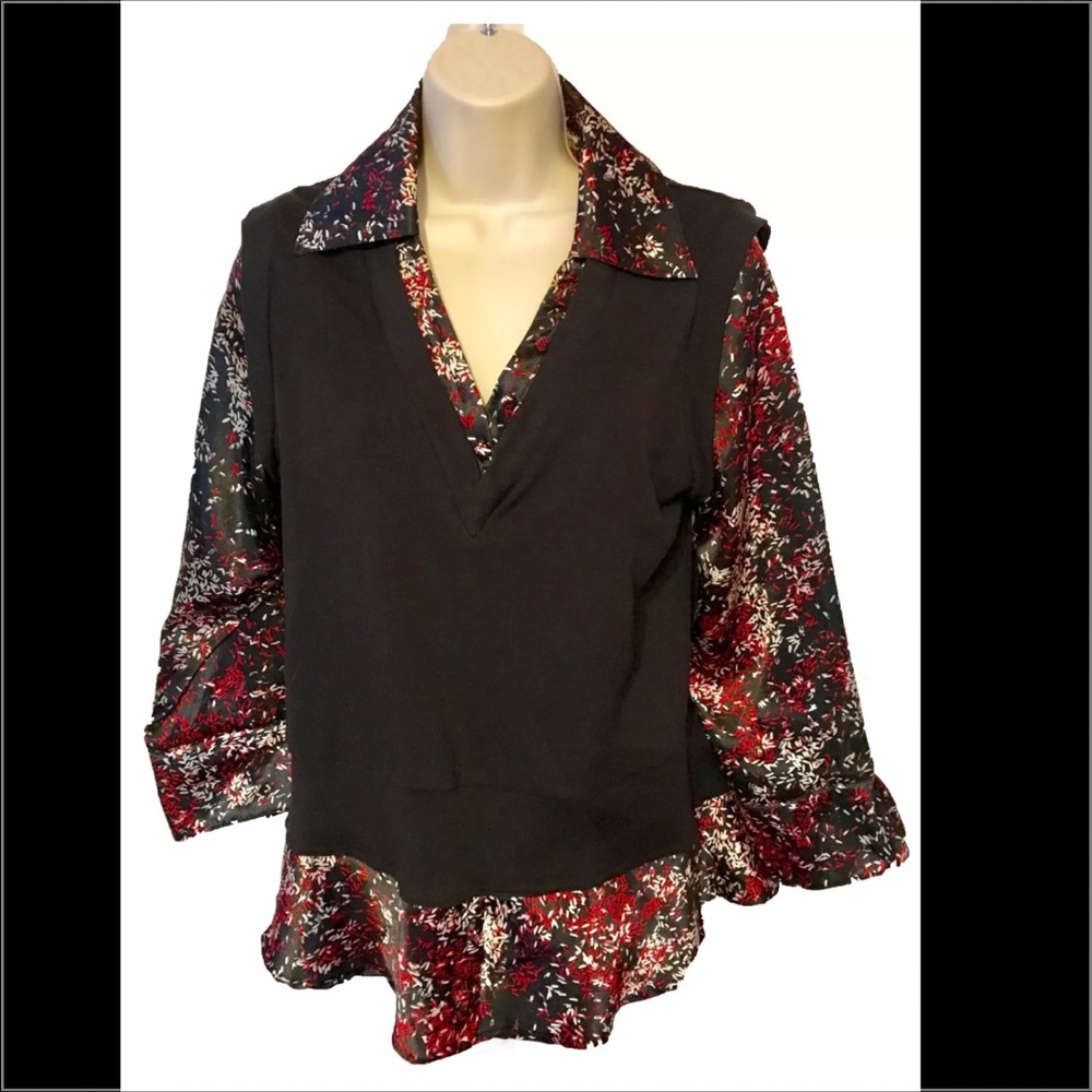 SUSAN LAWRENCE Size L 3/4 Sleeves Black Red Top
