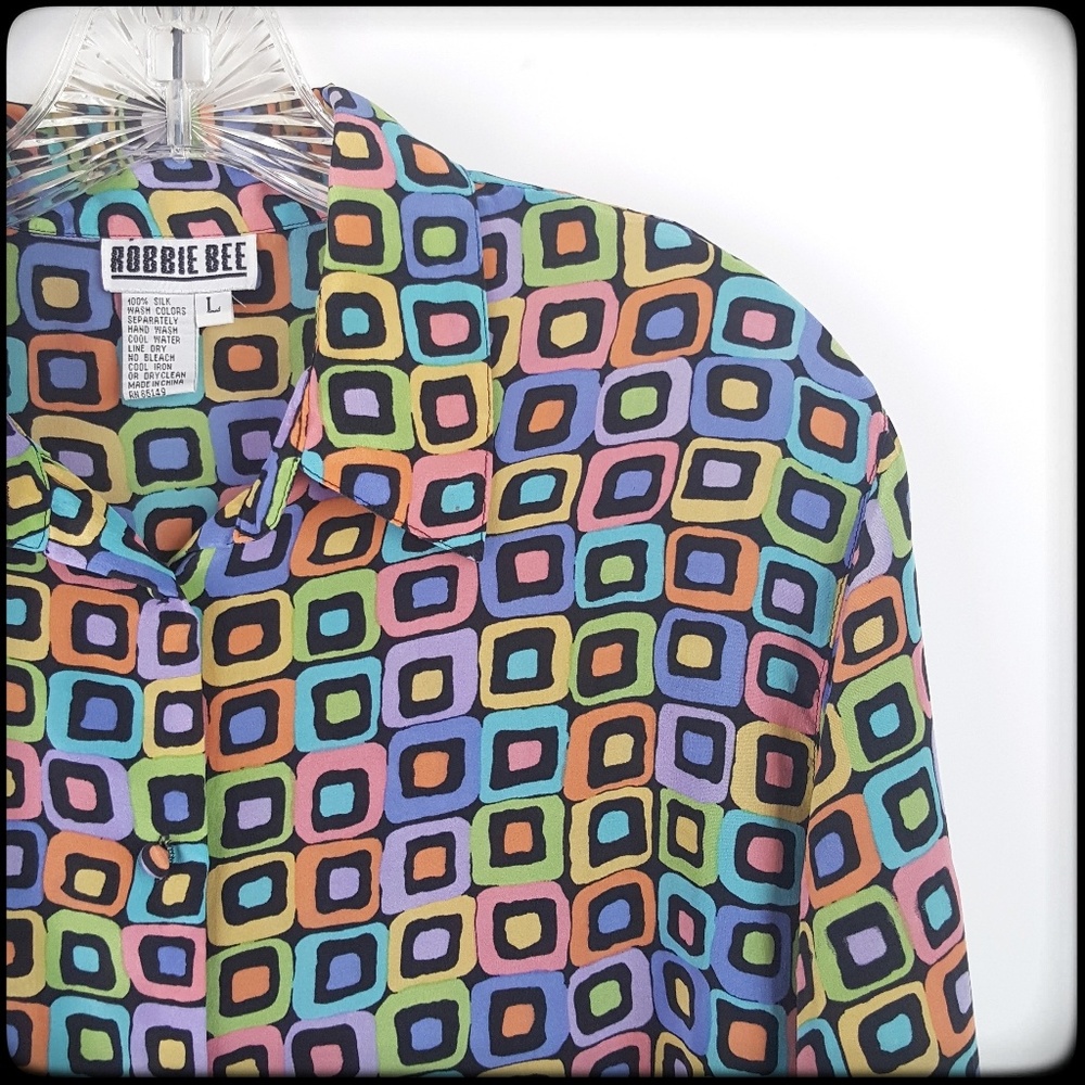 Multicolor long sleeve silk button up EUC