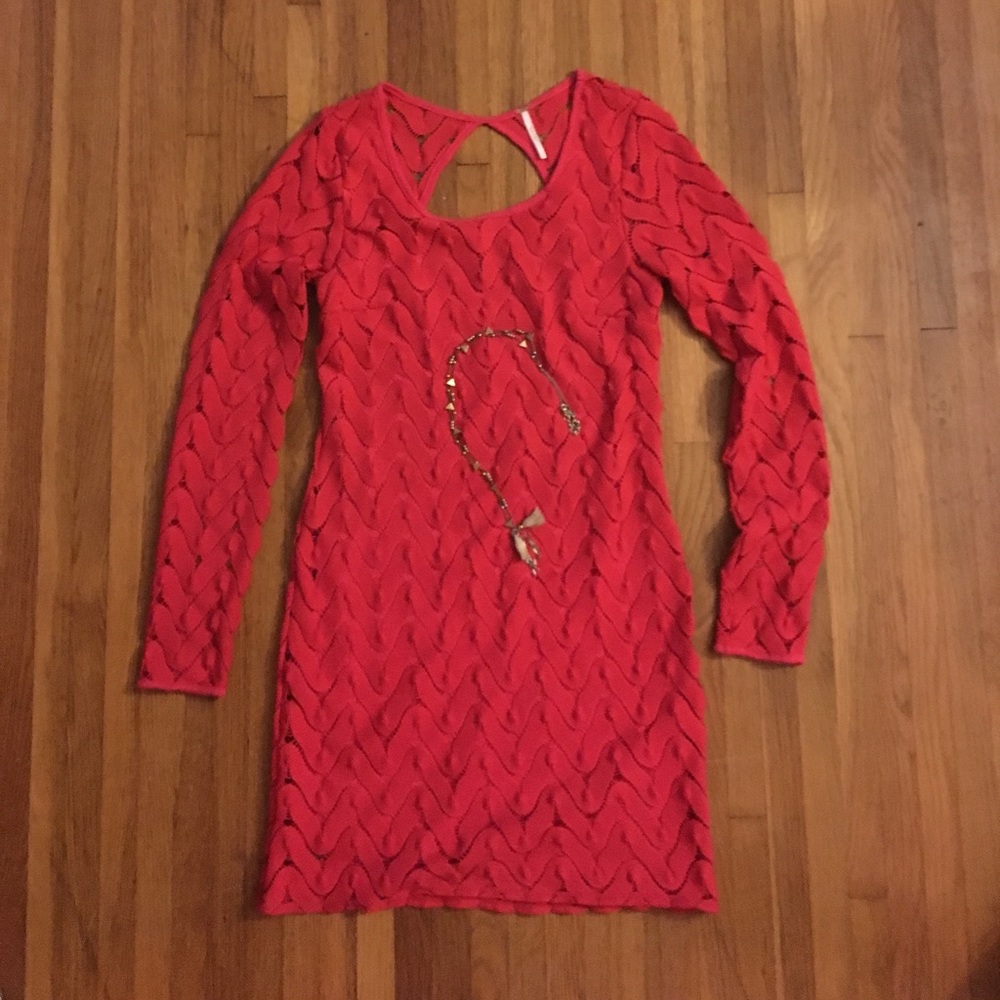 Free People Red Long Sleeve Key Hole Back Dress