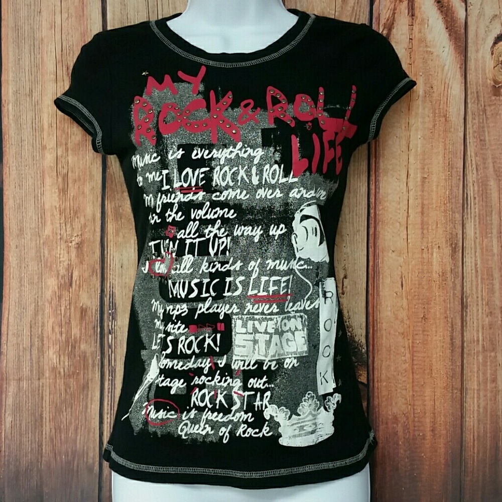 Beautees XL My Rock & Roll Life Black T-Shirt Top
