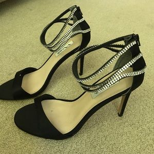 Nina Shoes black satin with rhinestone ankle strap