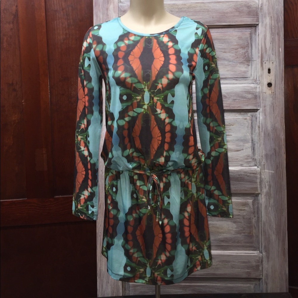 Turquoise Dress with Green and Orange Pattern