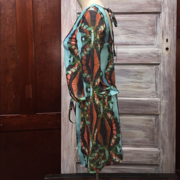 Turquoise Dress with Green and Orange Pattern - Picture 2 of 3