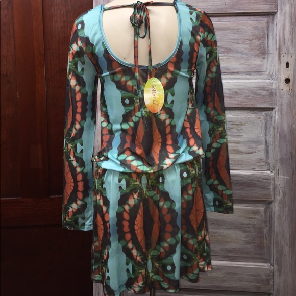 Turquoise Dress with Green and Orange Pattern - Picture 3 of 3
