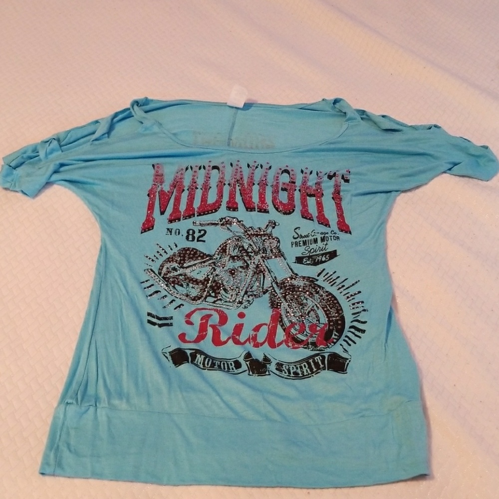 Ladies bling open braided arm motorcycle t-shirt