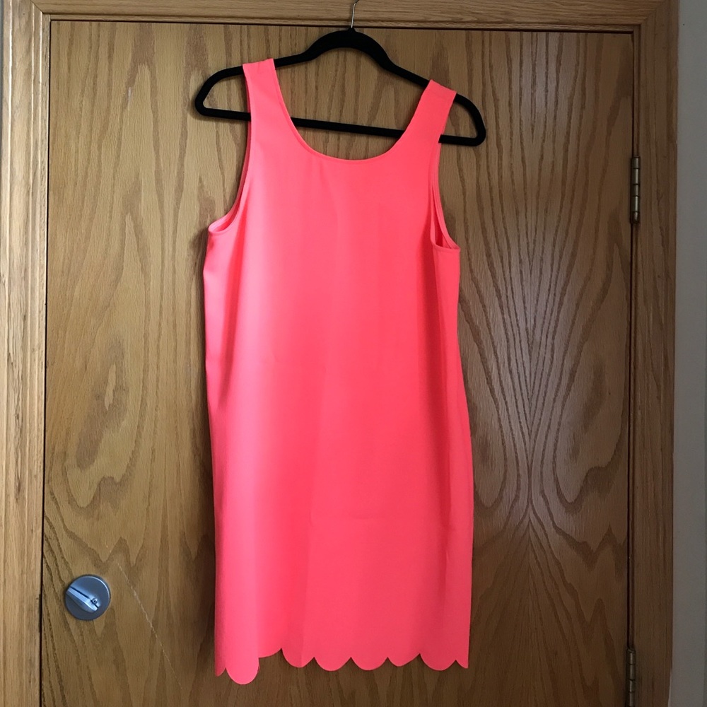 Hot pink shift dress with scalloped detailing