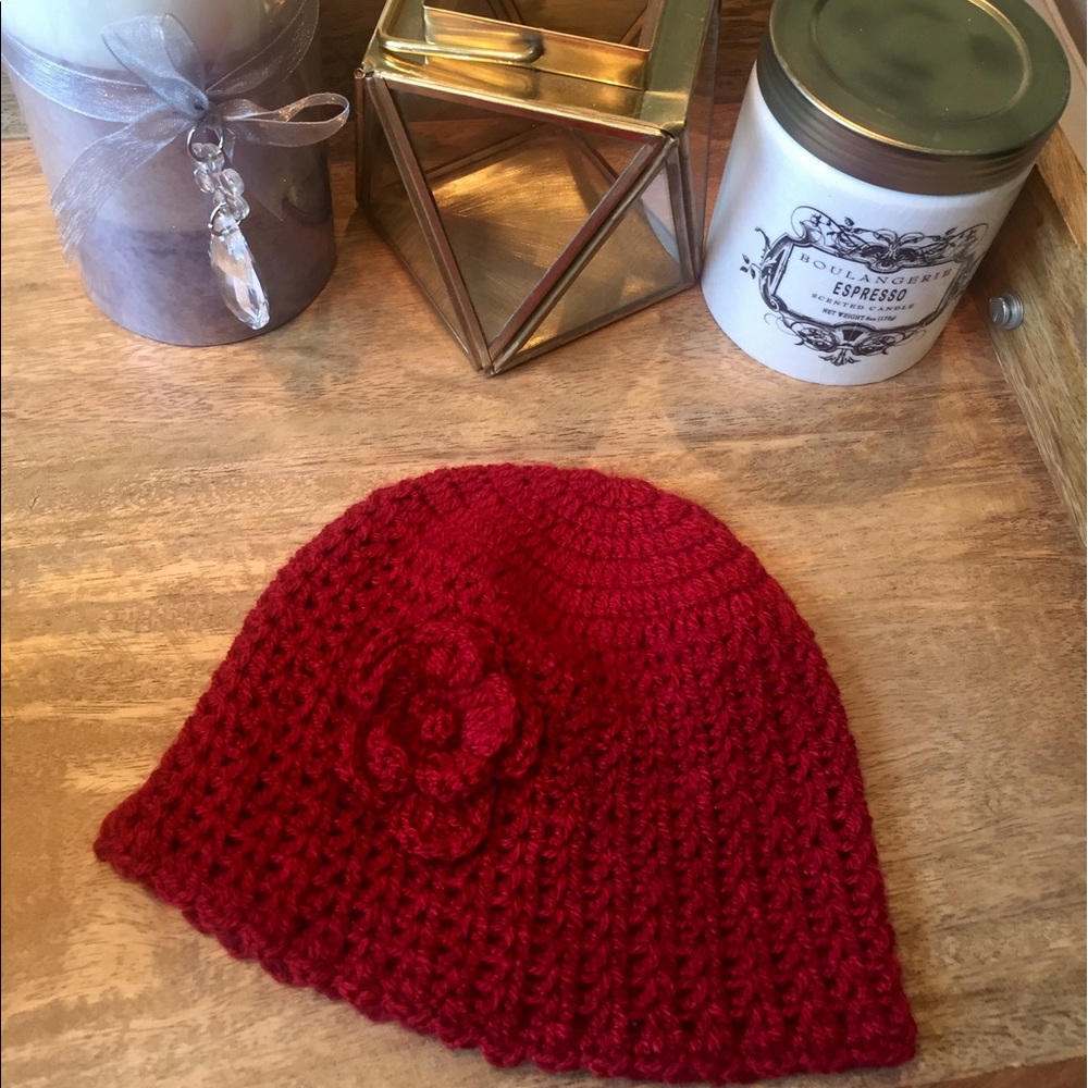 Red knit hat with flower