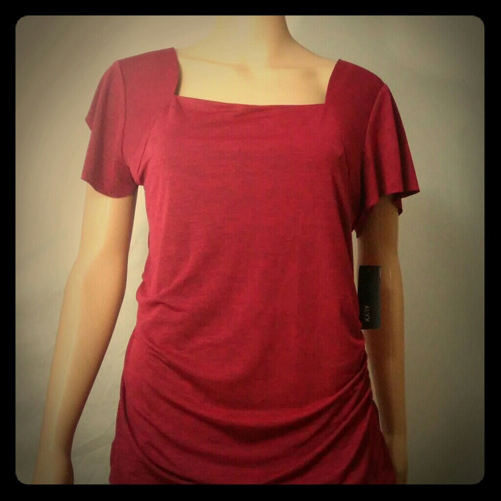 Burgundy Wine Short-Sleeve Square Neck Knit Top