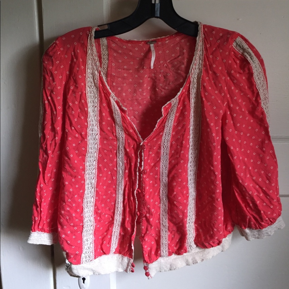 Free people 3/4 sleeve peasant cardigan in coral
