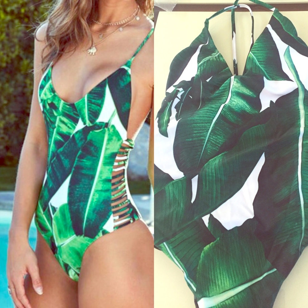 Green Leaf Print One piece swimwear **new**