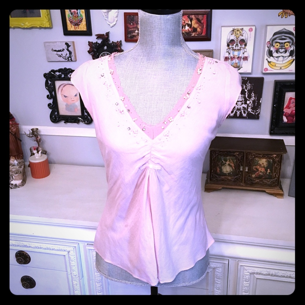 Anthropologie Pink cotton tee w silk trim & beads