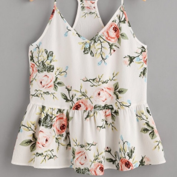 Tops - Rose Cluster Print Peplum Racerback Cami