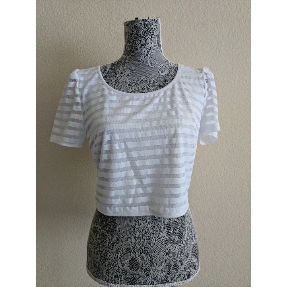 White BEBE "SS Sheer Stripe Woven Crop Top"