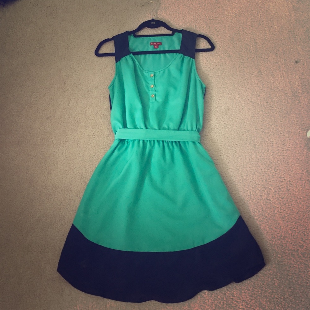 Green & Navy Two-Tone Dress