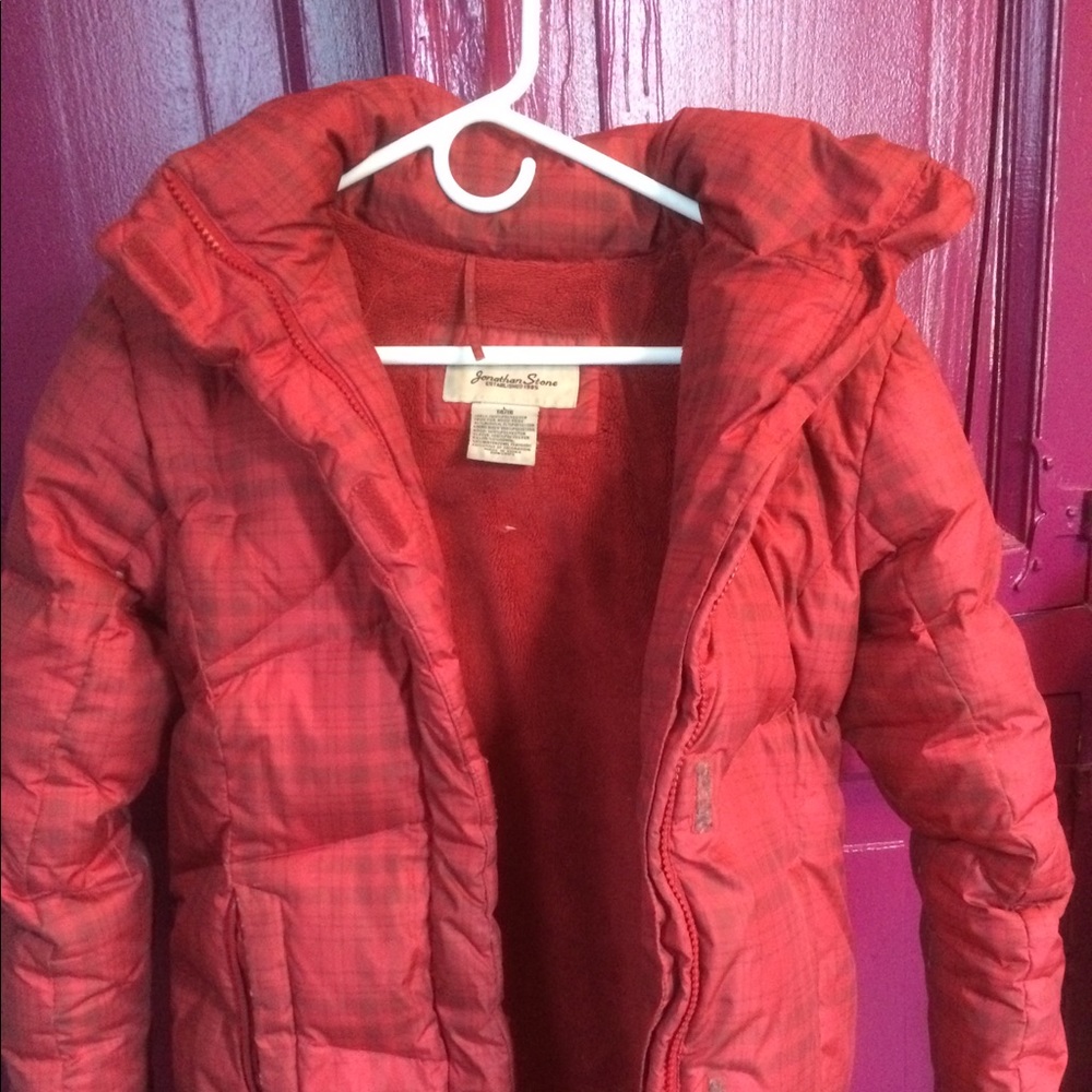 Red down feather winter coat