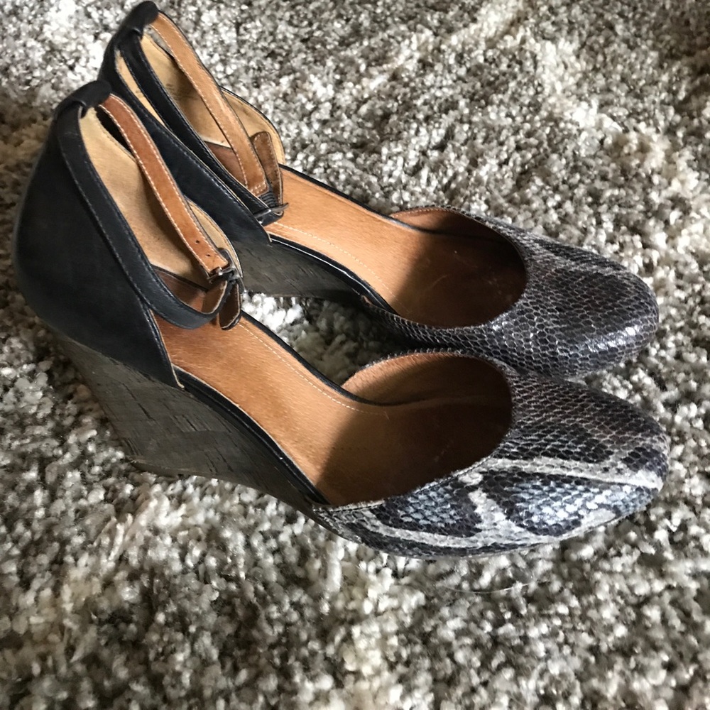 Clarks leather ankle strap wedges. Snake print.