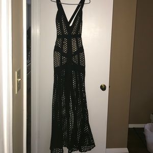 'Chapou' Black Semi Sheer Graphic Net Maxi Dress