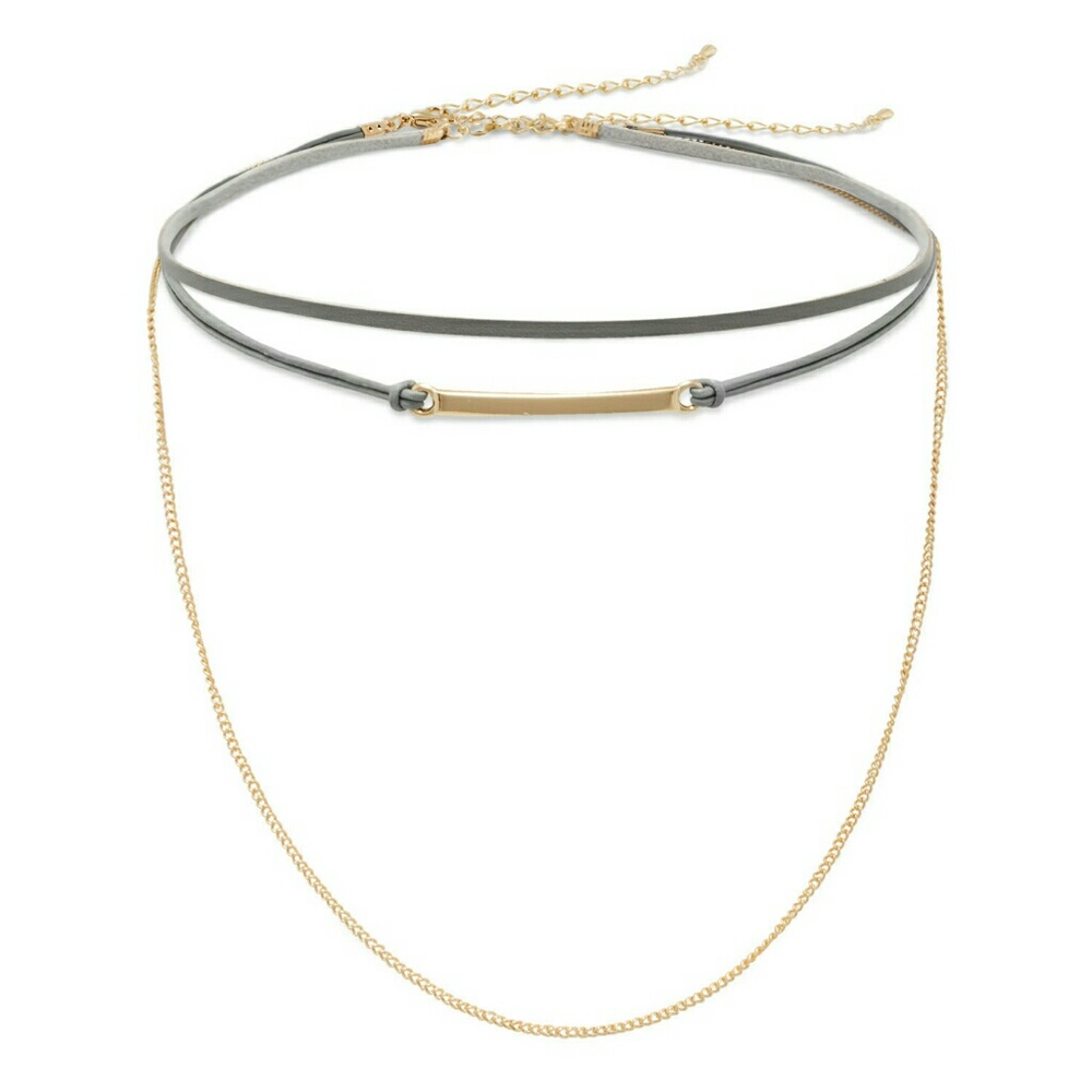 Gray Leather and Gold Tone Chain Choker