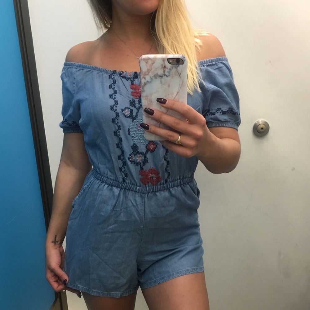 Boutique style denim floral stitch romper