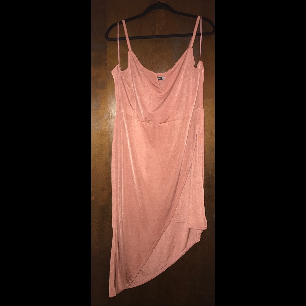 Boohoo plunge neck, asymmetrical hem dress
