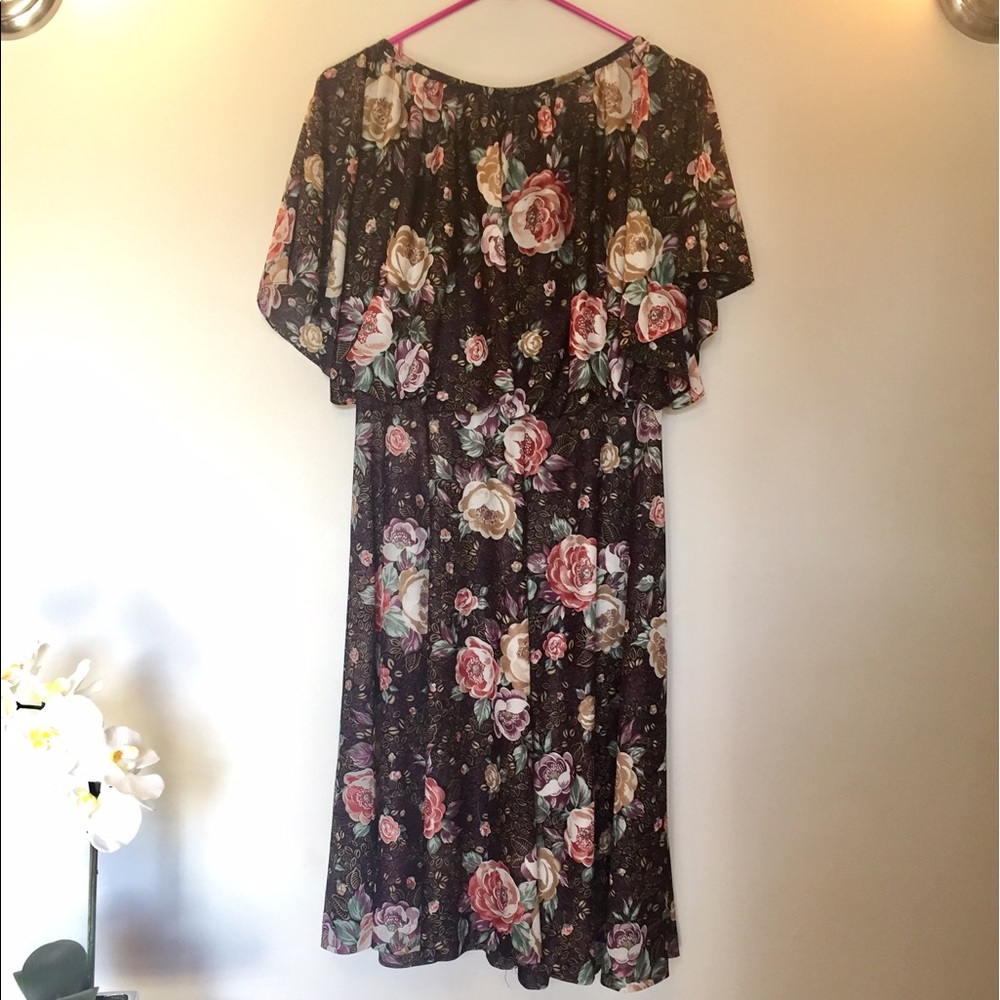 Vintage 80's Black Floral Flowy Midi Dress